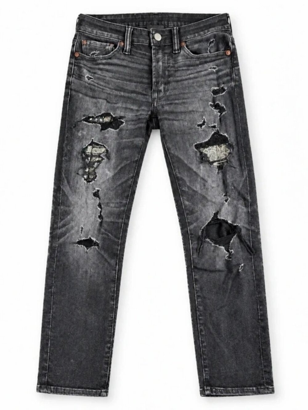 American Eagle AirFlex 360 Distressed Black Jeans 26x28 Paisley Patch
